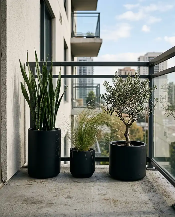 Minimalist balcony garden with snake plants and ornamental grasses arranged in clean, intentional spacing