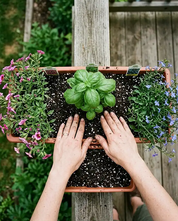 Stylish Railing Planter Ideas for Herbs and Flowers 4 Mixed herb and flower railing box with basil flanked by trailing flowers