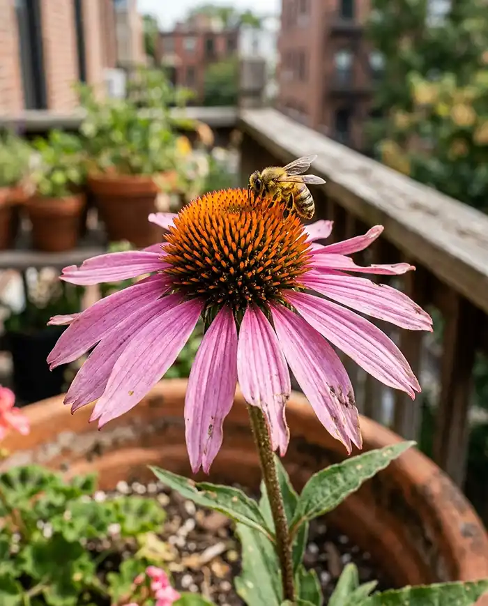 Native Flower Balcony Garden Ideas 2 Native flower balcony garden ideas shown as a purple coneflower in a terracotta pot with a bee on its cone