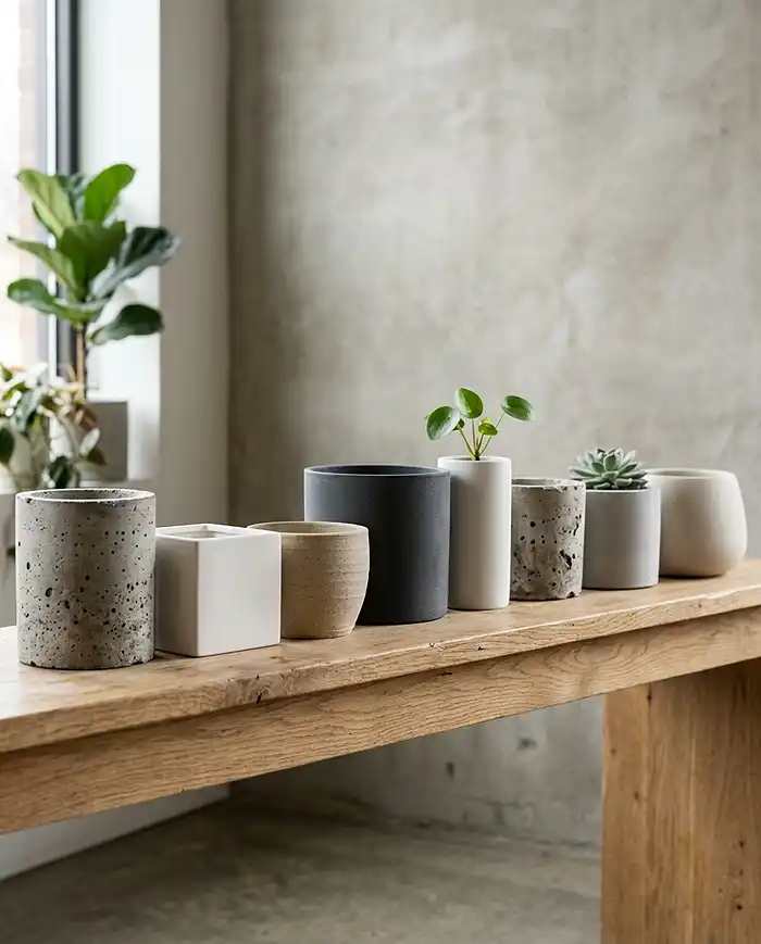 Neutral-toned planters in concrete and ceramic showing cohesive container design for balcony styling