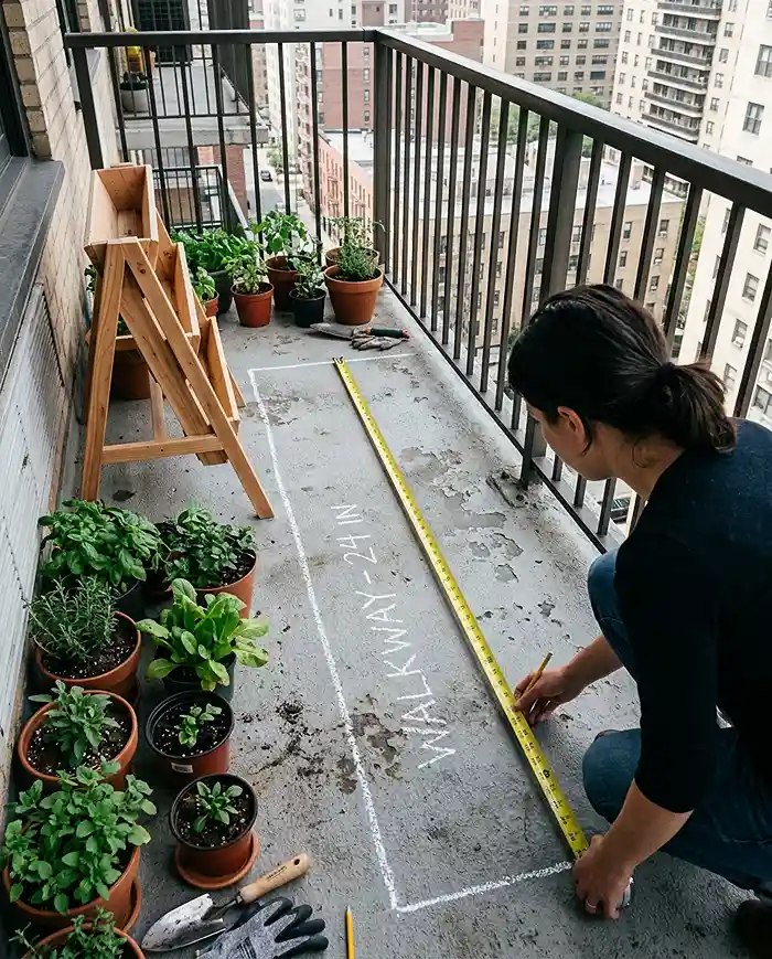 Person measuring balcony floor depth with a tape measure to plan a planter footprint and walkway.
