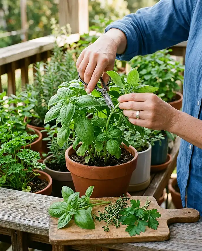 Smart Herb Garden Layout for Balcony 5 Pinching and harvesting basil to keep balcony herbs bushy and productive. herb garden layout for balcony