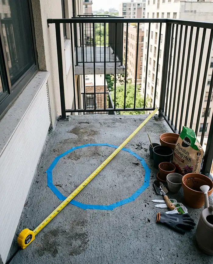 Small Balcony Garden Ideas With a Bistro Table 2 Planning a small balcony garden by measuring space before placing furniture and planters