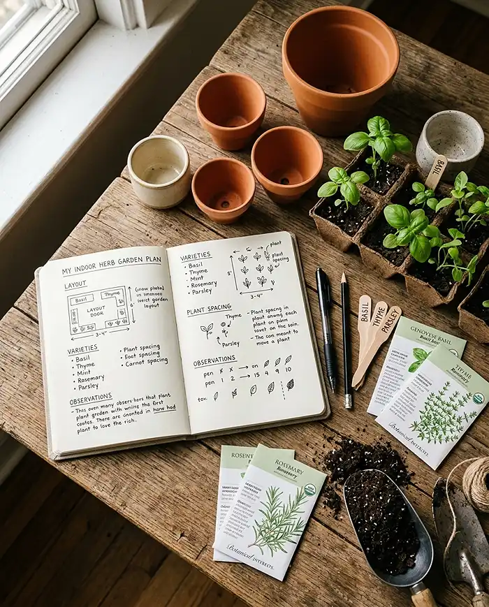 Apartment Herb Garden Aesthetic for Summer 2 Planning a stylish herb garden layout with small pots and seedlings in a cozy indoor setup.