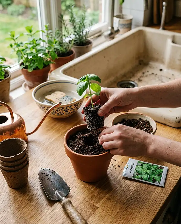 Planting a herb seedling in a pot as part of container gardening for beginners