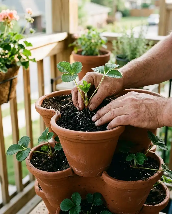 Vertical Strawberry Planter Ideas for Balconies 4 Planting a strawberry crown at soil level in a stacked vertical pot planter