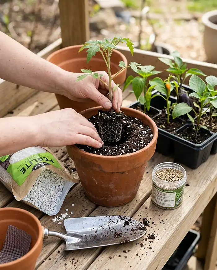 Best Pot Size Guide for Vegetables 5 Planting a vegetable seedling correctly in a container with fresh potting mix and drainage