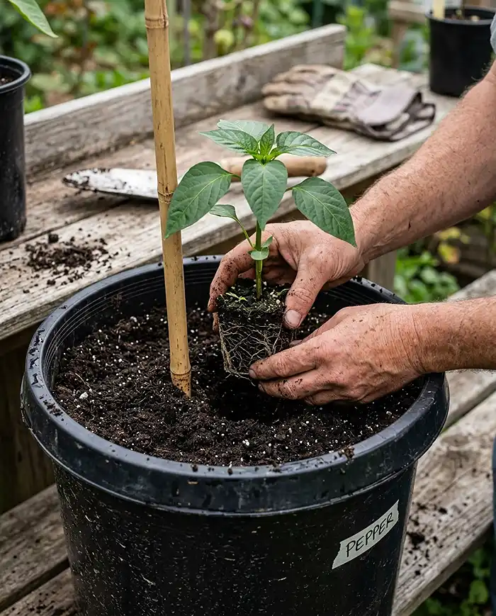 Planting peppers and eggplant in containers by setting a young seedling into a pot with a support stake. growing peppers and eggplant in containers