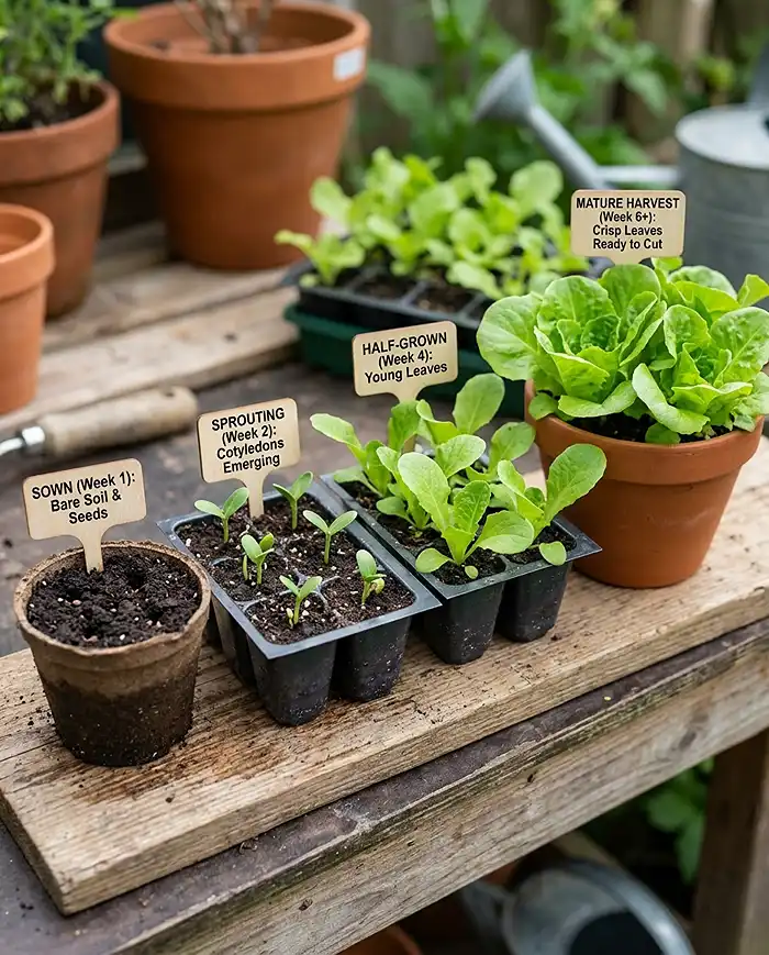 Container Salad Garden for Continuous Harvests 4 Pots of salad greens at different growth stages illustrating succession sowing for a continuous harvest