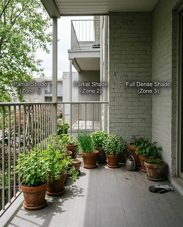 Potted herbs that grow in shade arranged across a dappled and partially shaded balcony corner