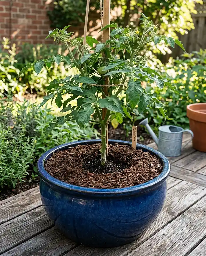 How to Keep Pots Moist in Summer Heat 4 Potted plant top-dressed with bark mulch leaving a gap around the stem to prevent rot