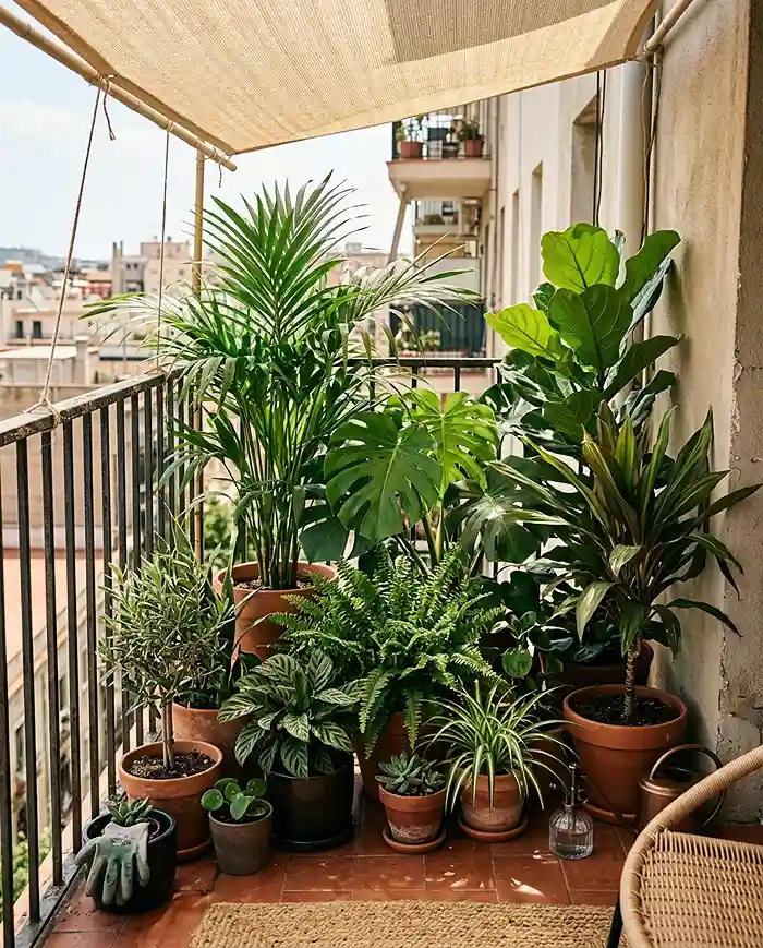 How to Keep Pots Moist in Summer Heat 5 Potted plants grouped together under shade cloth to reduce moisture loss in summer heat