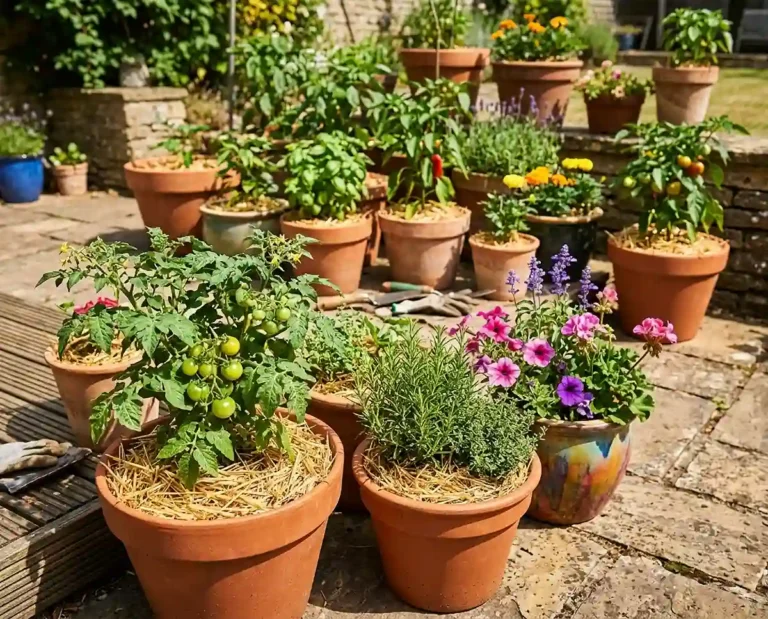 Potted plants topped with straw mulch thriving on a hot sunny patio