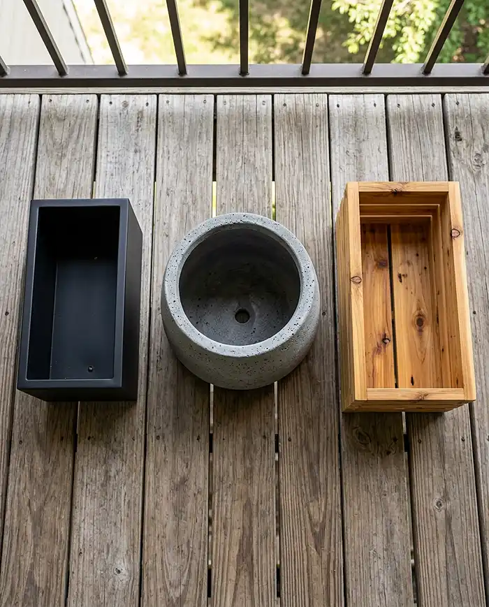 Balcony Railing Planter Ideas 3 Powder-coated steel, fiberglass, and cedar wood railing planters arranged for material comparison