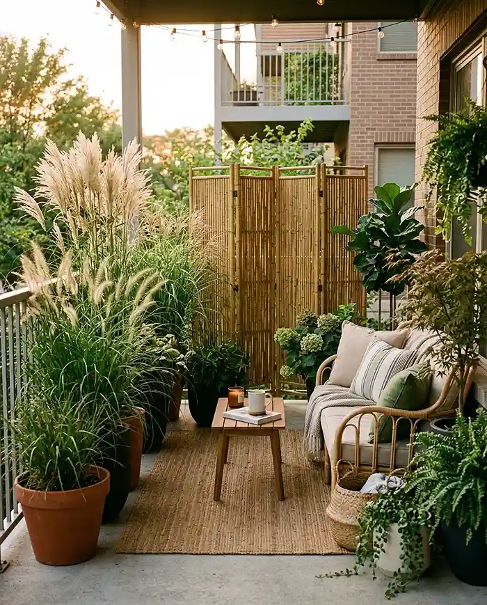 Privacy screening created with freestanding planters and tall container plants