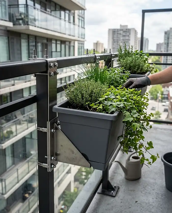Best Containers for Windy Balconies 4 Railing-mounted planter boxes secured with stainless steel brackets on a balcony to prevent tipping
