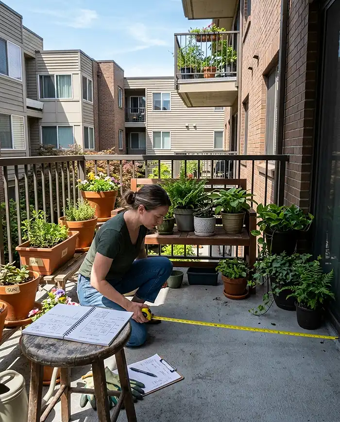 Renter assessing sunlight and available space before setting up a patio garden