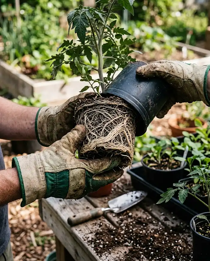 Small Space Gardening Mistakes That Hurt Summer Growth 1 Root-bound tomato plant removed from undersized pot showing dense circling roots