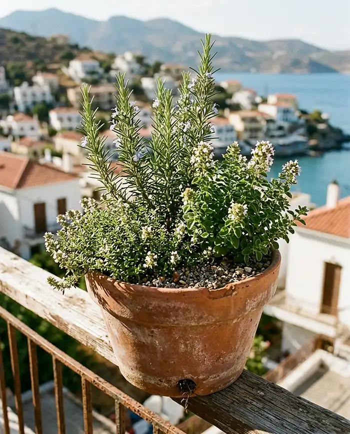 Rosemary, thyme and oregano sharing one terracotta pot in dry well-drained soil on a sunny ledge