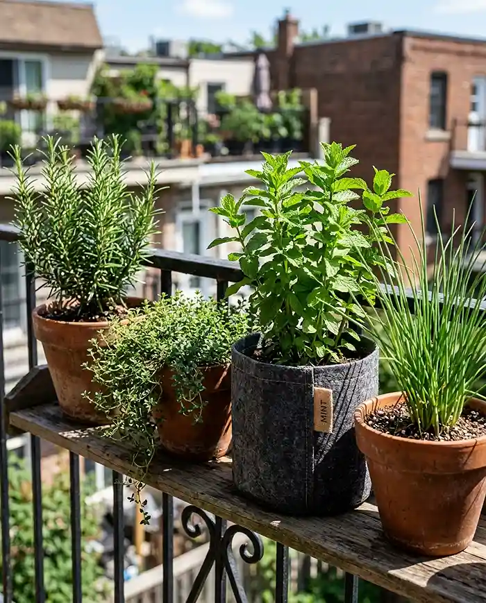 Low Maintenance Balcony Plants for Busy Gardeners 4 Rosemary, thyme, mint, and chives growing in separate pots on a sunny balcony herb shelf.