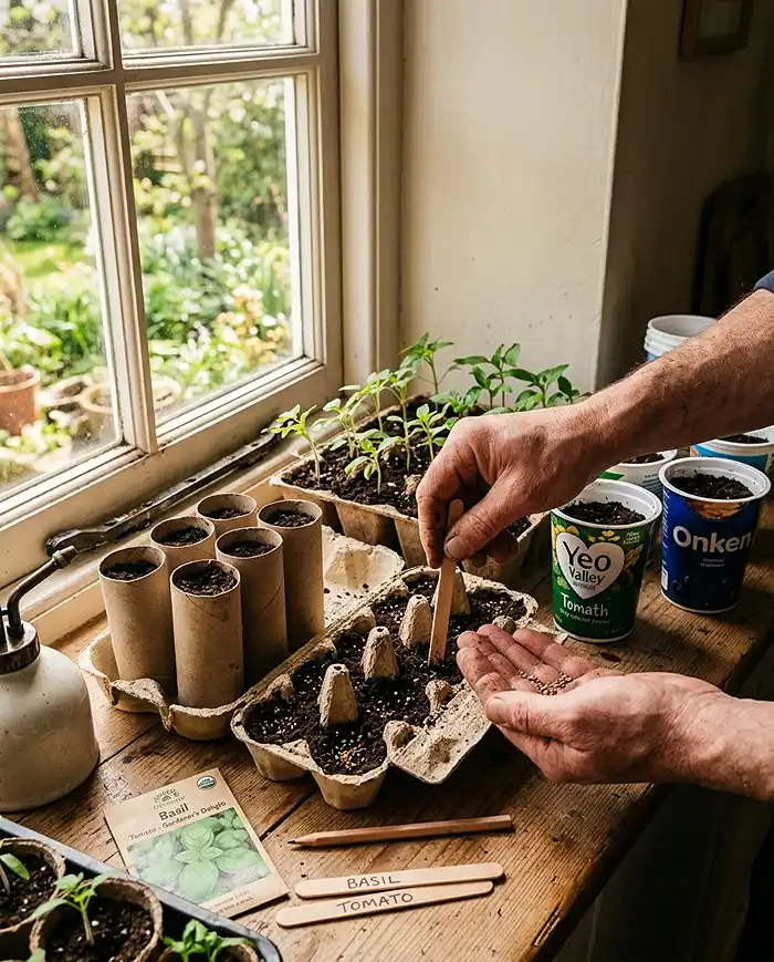 Budget Ideas for Small Space Garden 3 Seeds being started in upcycled egg cartons and toilet roll tubes on a sunny windowsill