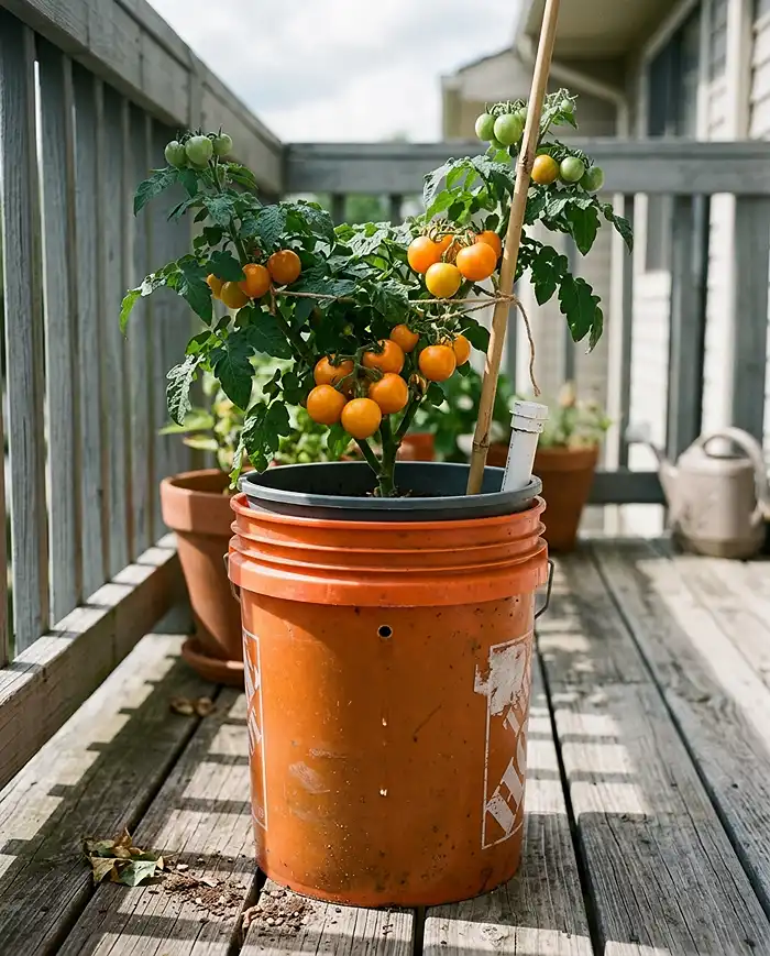 Self watering ideas for small space gardens shown as a bucket sub-irrigated planter growing a cherry tomato