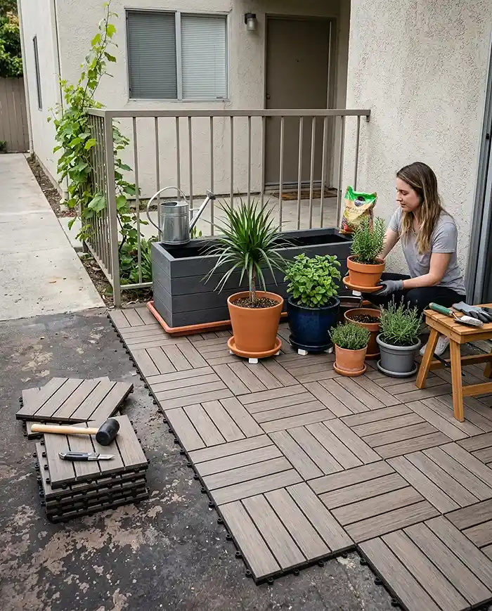Setting up a portable patio garden while protecting the rental property's flooring