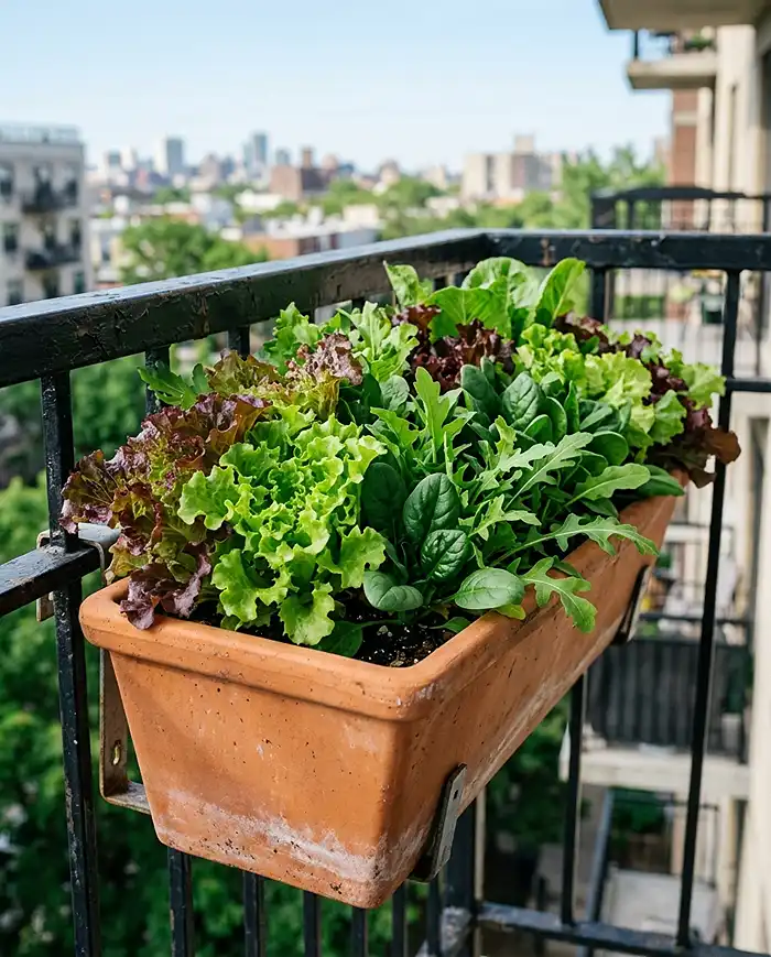 Best Pot Size Guide for Vegetables 3 Shallow-rooted vegetables in pots like lettuce and spinach growing in a window box