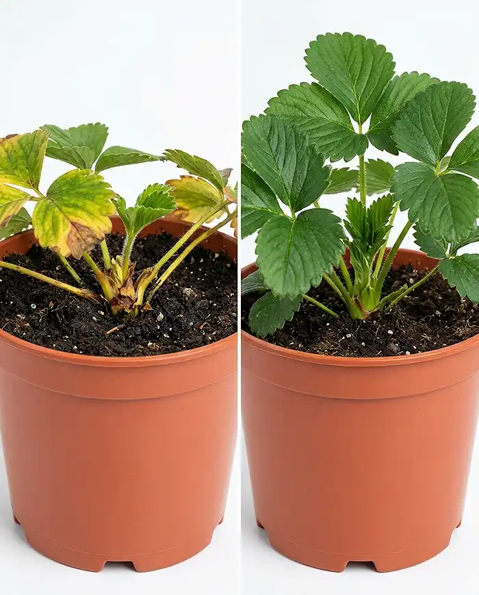 Vertical Strawberry Planter Ideas for Balconies 5 Side-by-side comparison of buried strawberry crown versus correctly planted crown at soil level