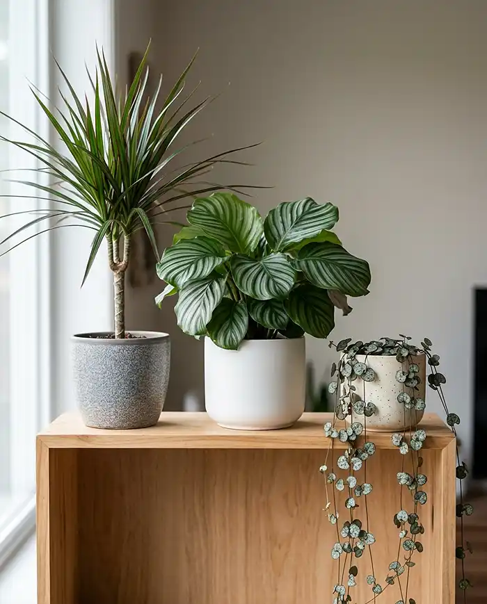Vertical Garden Shelf Ideas 3 Single shelf styled with upright, mounding, and trailing plants demonstrating the layered triangle styling formula