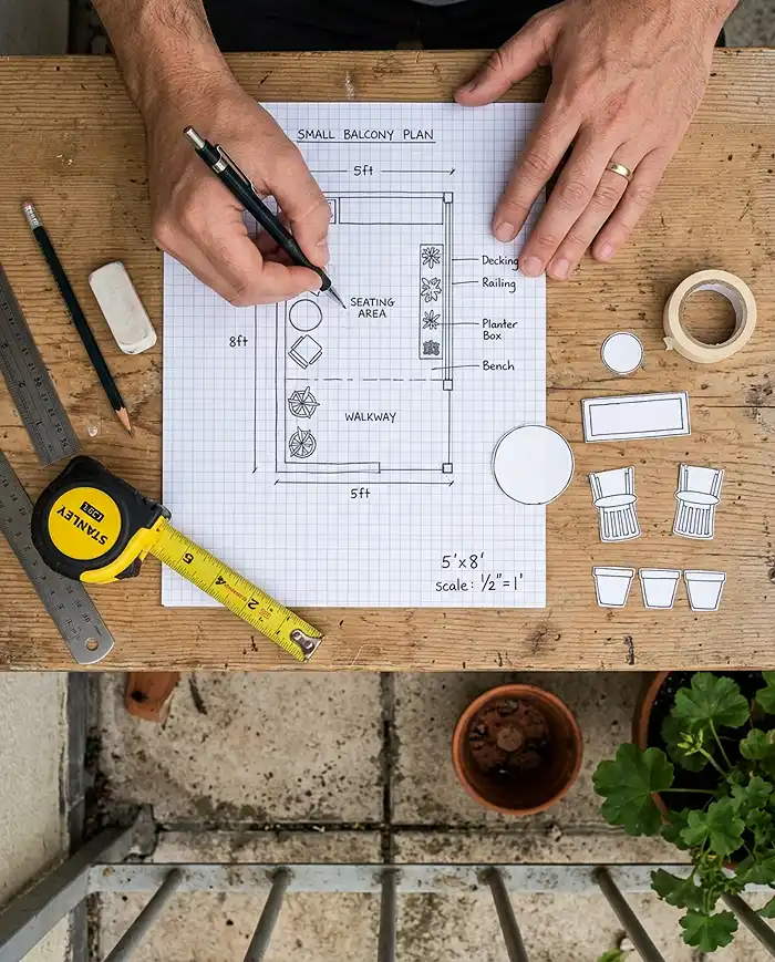 Sketching a balcony floor plan and mapping a traffic path before placing furniture
