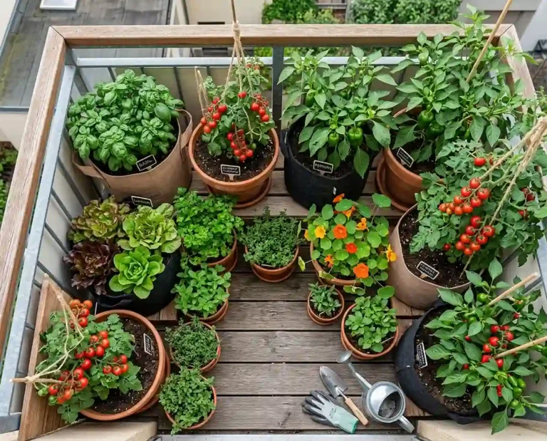 Small balcony container garden with summer vegetables in morning light