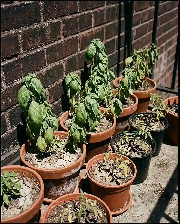 Small balcony containers drying out fast in summer heat against a brick wall
