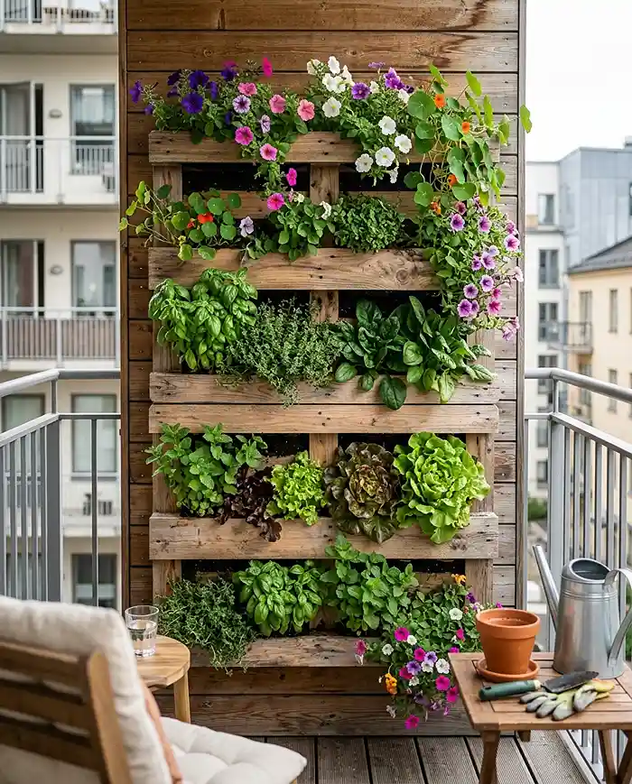 DIY Pallet Garden for a Balcony 4 Small balcony garden ideas featuring a vertical DIY pallet planter with herbs and greens