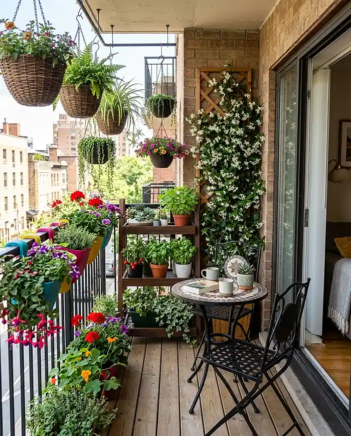 Small Balcony Garden Ideas With a Bistro Table 3 Small balcony garden ideas using vertical planters, hanging baskets, and a tiered plant stand