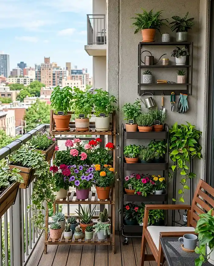 How to Arrange Pots on a Small Balcony Without Clutter 4 Small balcony garden ideas using vertical stands and tiered plant arrangements.