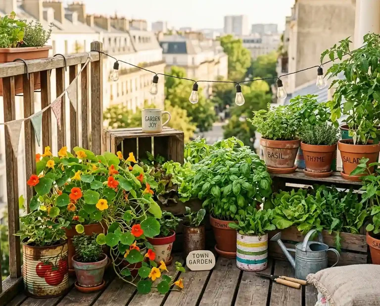 Small balcony garden with upcycled containers full of herbs and flowers in morning sunlight