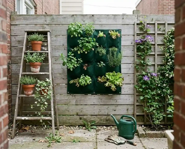 Small patio fence with a felt pocket herb planter, leaning ladder of pots and a trellis of morning glory