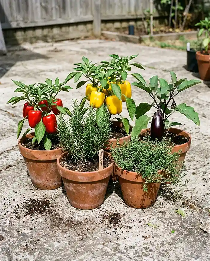 Small patio garden layout for vegetables grouping peppers, eggplant and herbs in clustered pots by sun and water needs