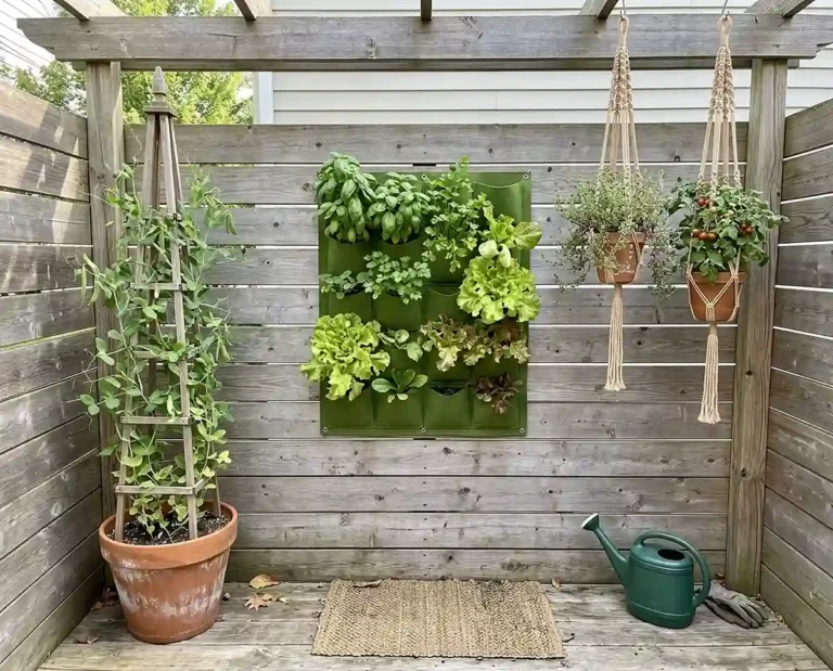 Small patio with a fence pocket planter, corner pea trellis and overhead hanging herbs keeping the floor clear