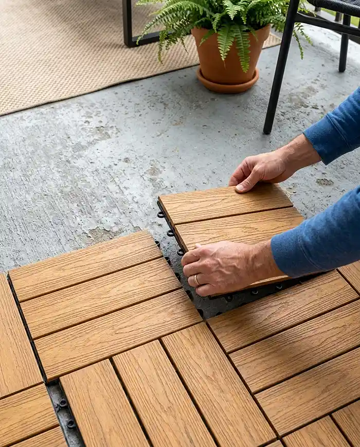Renter Friendly Patio Garden Ideas 2 Snap-together deck tiles covering concrete as a damage-free rental patio flooring solution