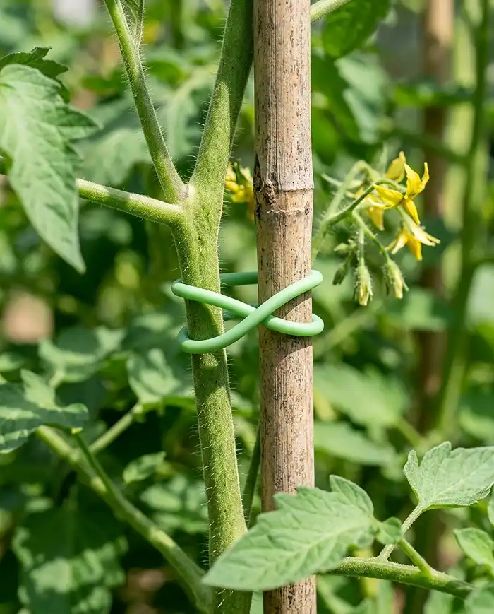 Tomato Support for Containers: Smart Patio Ideas 5 Soft silicone loop tie securing a tomato stem to a stake using a figure-eight loop