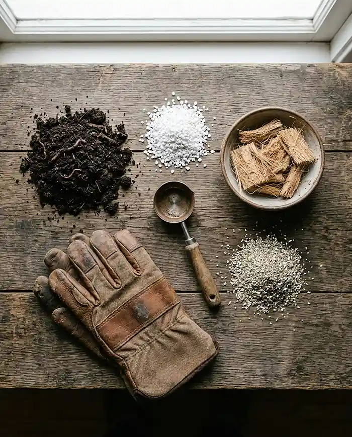 Best Soil Mix for Container Vegetables 3 Soil mix ingredients including compost, perlite, coco coir, and vermiculite laid out for the best soil mix for container vegetables