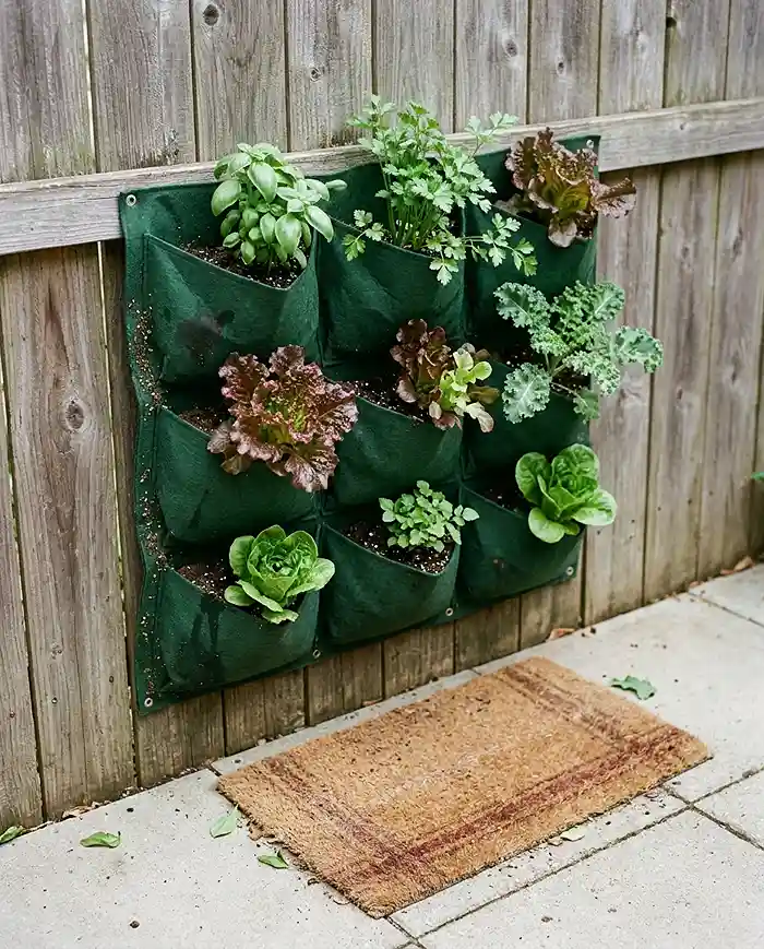 Space saving small garden ideas using a fence-mounted felt pocket panel of herbs and lettuce over a clear floor