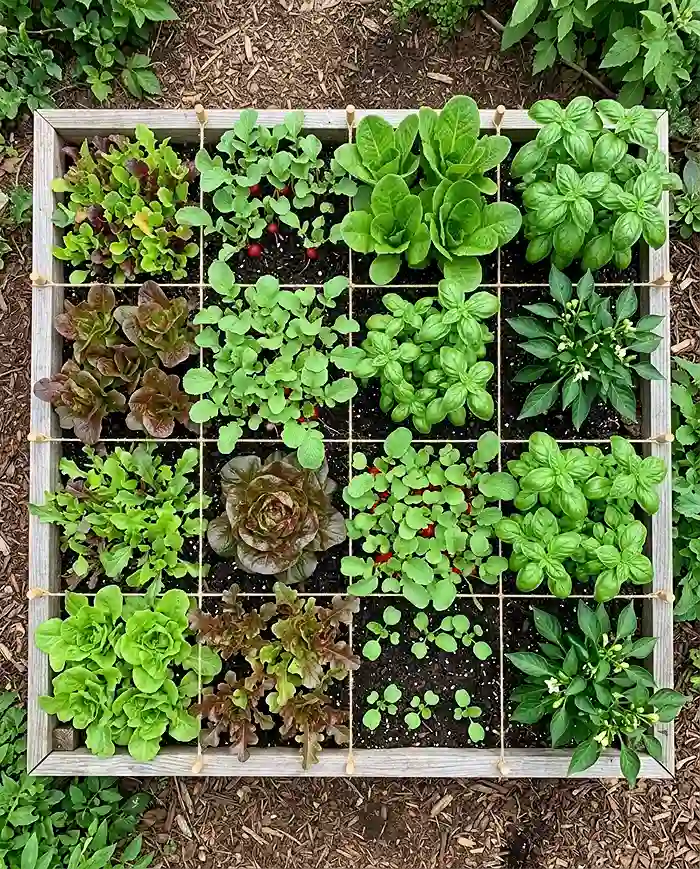 how to grow more food in less space 4 Square foot gardening bed divided into grids with densely planted vegetables