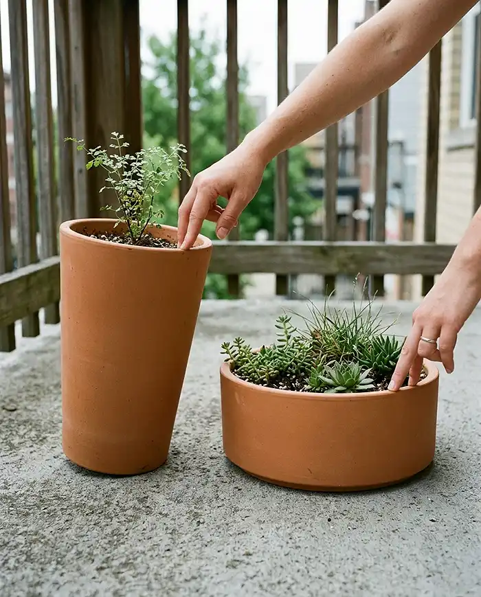 Best Containers for Windy Balconies 2 Stability finger-test comparing a tall narrow pot to a wide, low container for a windy balcony