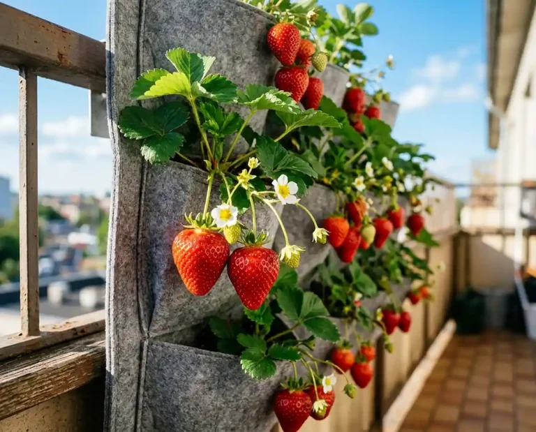 Strawberries growing in a vertical pocket tower planter on a sunny balcony