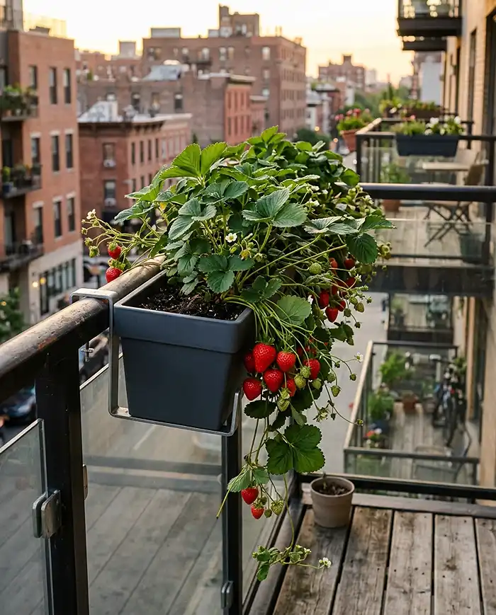 Vertical Strawberry Planter Ideas for Balconies 2 Strawberry plants cascading from a railing planter on an urban apartment balcony