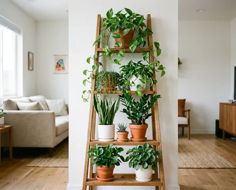 Styled vertical garden shelf with trailing pothos, snake plants, and peperomia in matching terracotta and white pots against a white wall