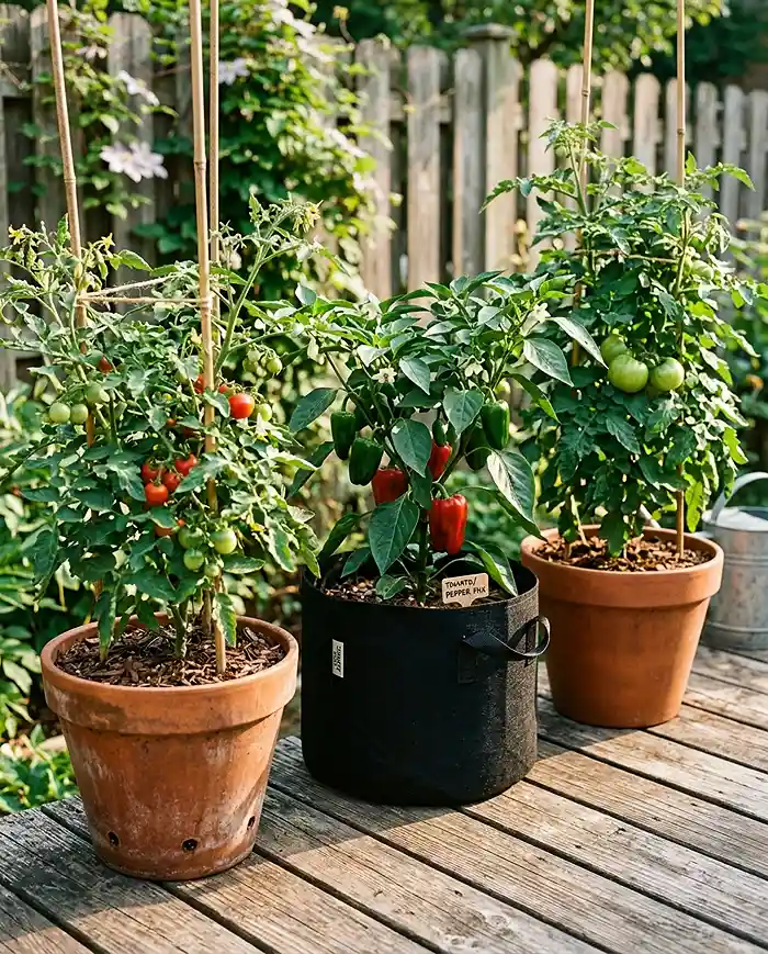 Best Soil Mix for Container Vegetables 2 Summer container vegetable garden with tomatoes and peppers growing in fabric pots on a sunny patio